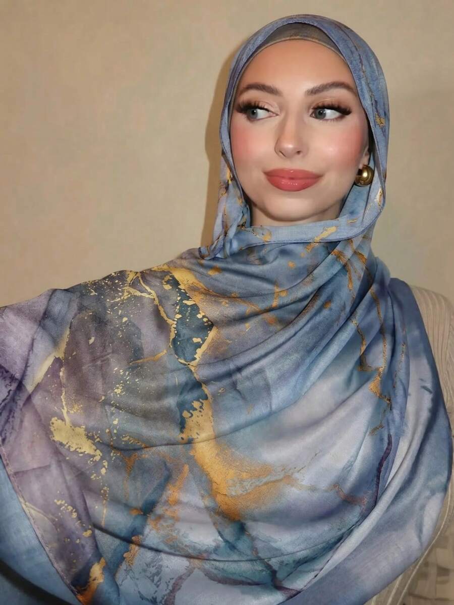 1pc Women's Bohemian Style Watercolor Marble Water Ripple Tie-Dye Print Headscarf Scarf, Suitable For Daily Wear - Purple Marble - View 1