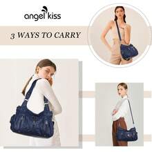 Angelkiss - Bolso de mano grande para mujer, de piel sintética lavada, bandolera, bandolera, bandolera - Turquesa - Ver 7
