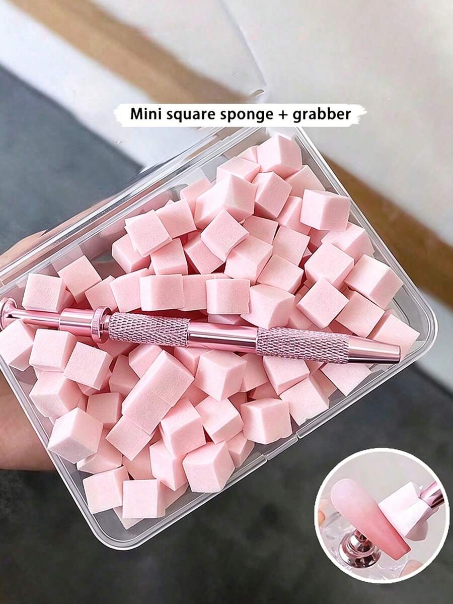200pcs/100pcs Mini Sponge Blocks With 4-Prong Tweezers, Nail Art Gradient Color Sponge, Gradient Nail Polish Tool - Pink - View 1