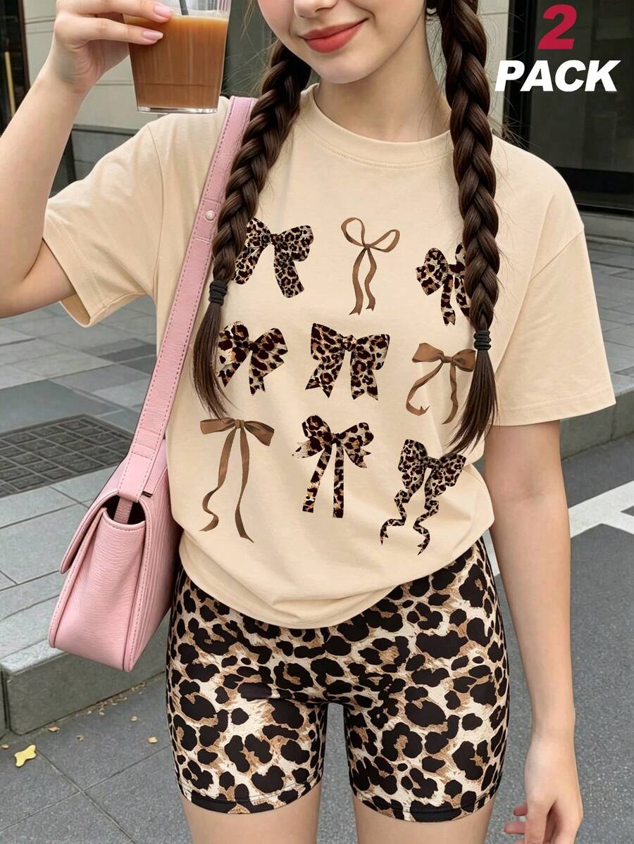 2件組 Coquette 青少年女孩套裝,混色豹紋蝴蝶結印花T恤與居家短褲,柔軟夏季街頭穿搭 - 杏色 - 查看 1
