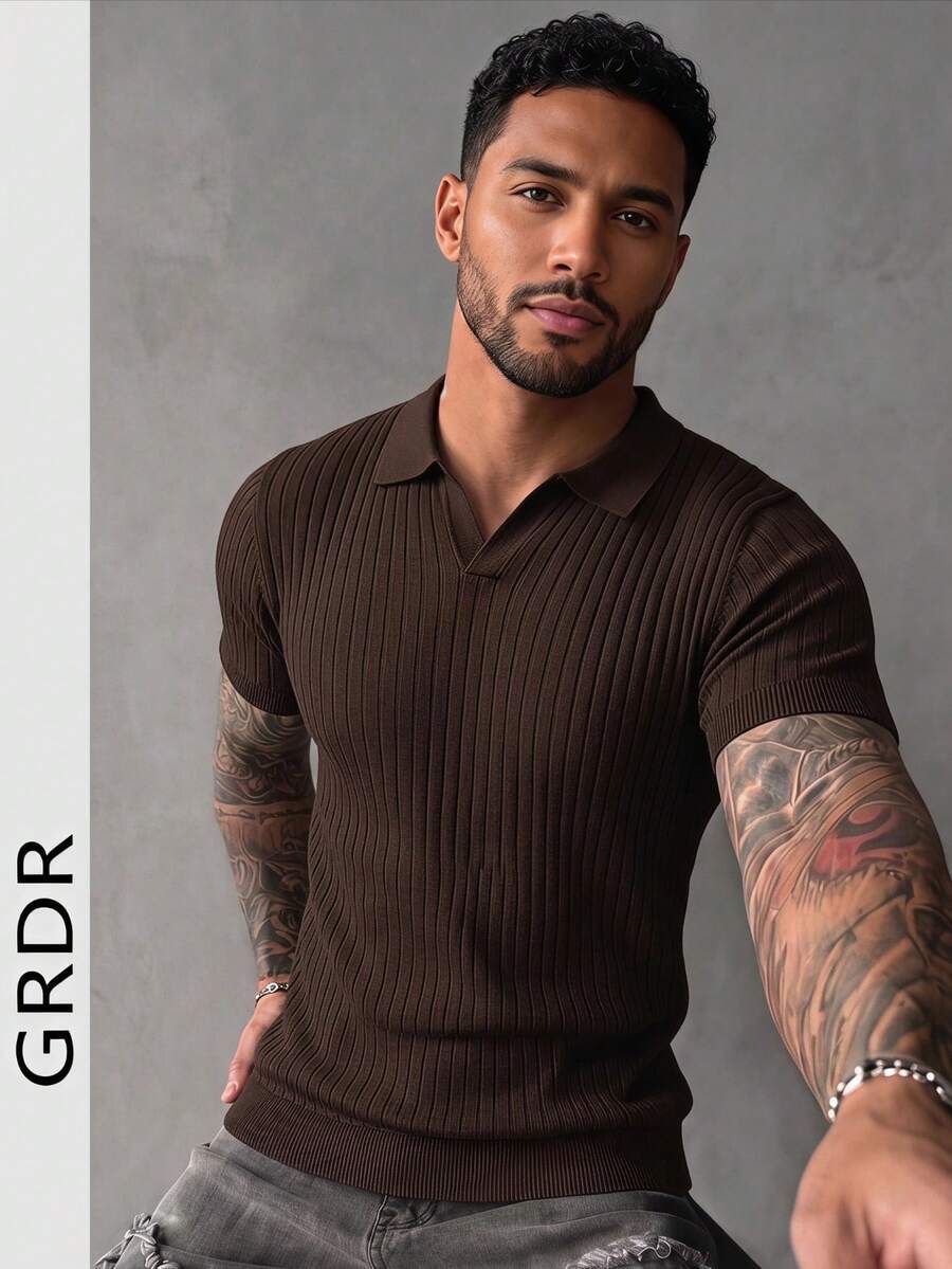 GRDR Suéter de punto de manga corta con cuello de aviador acanalado de unicolor para hombre, adecuado para salidas de verano, esencial para un estilo de moda