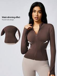 1pc Women's Solid Color Thumb Hole Long Sleeve Zip-Up Sports Jacket, Suitable For Yoga And Daily Wear, Autumn Spring - Chocolate Brown - View 2