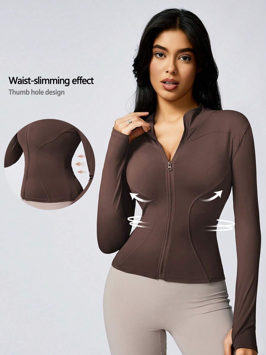 1pc Women's Solid Color Thumb Hole Long Sleeve Zip-Up Sports Jacket, Suitable For Yoga And Daily Wear, Autumn Spring
