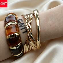 GNIT Women's Tortoiseshell Segmented Resin & Multi-Strand Twisted Gold Bracelet Set, 3pcs/1pc Stackable Chunky Wide Bangle, Vintage Old Money Style Jewelry Set - Jintuka.gold.gold - View 1