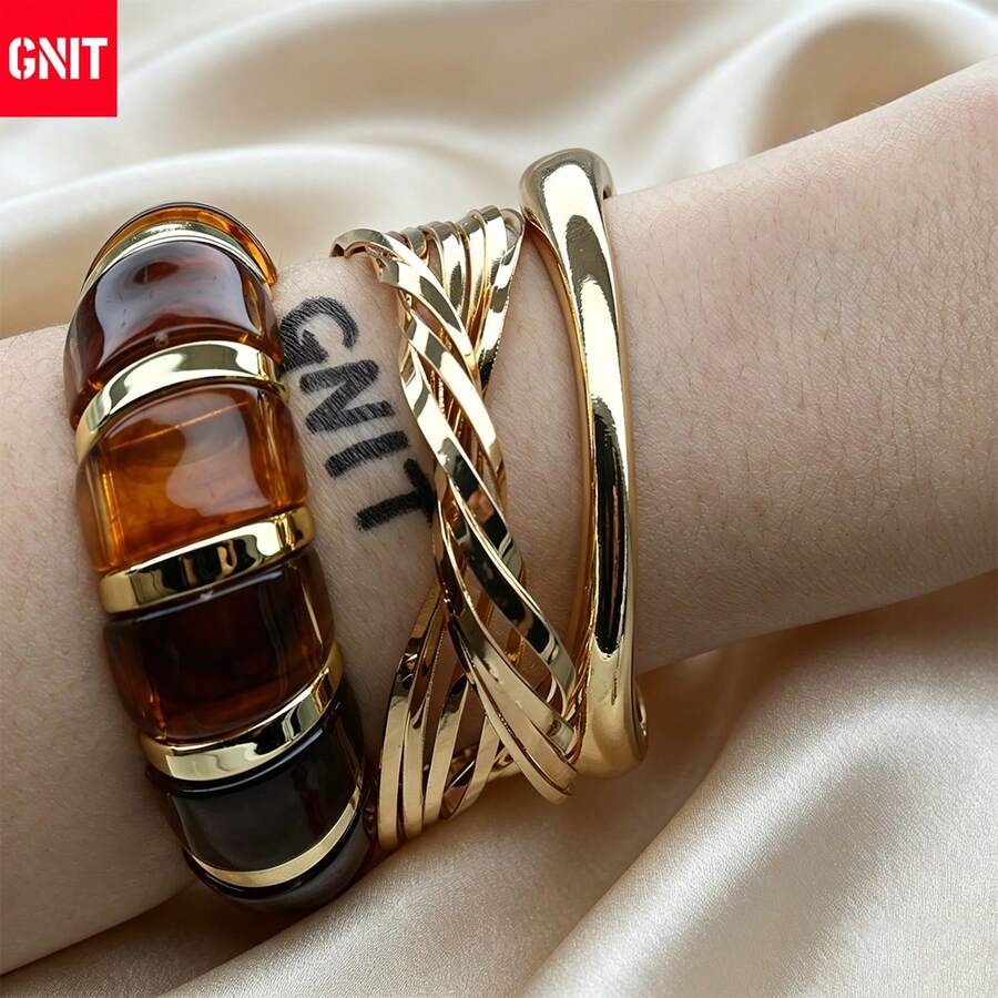 GNIT Women's Tortoiseshell Segmented Resin & Multi-Strand Twisted Gold Bracelet Set, 3pcs/1pc Stackable Chunky Wide Bangle, Vintage Old Money Style Jewelry Set - Jintuka.gold.gold - View 1