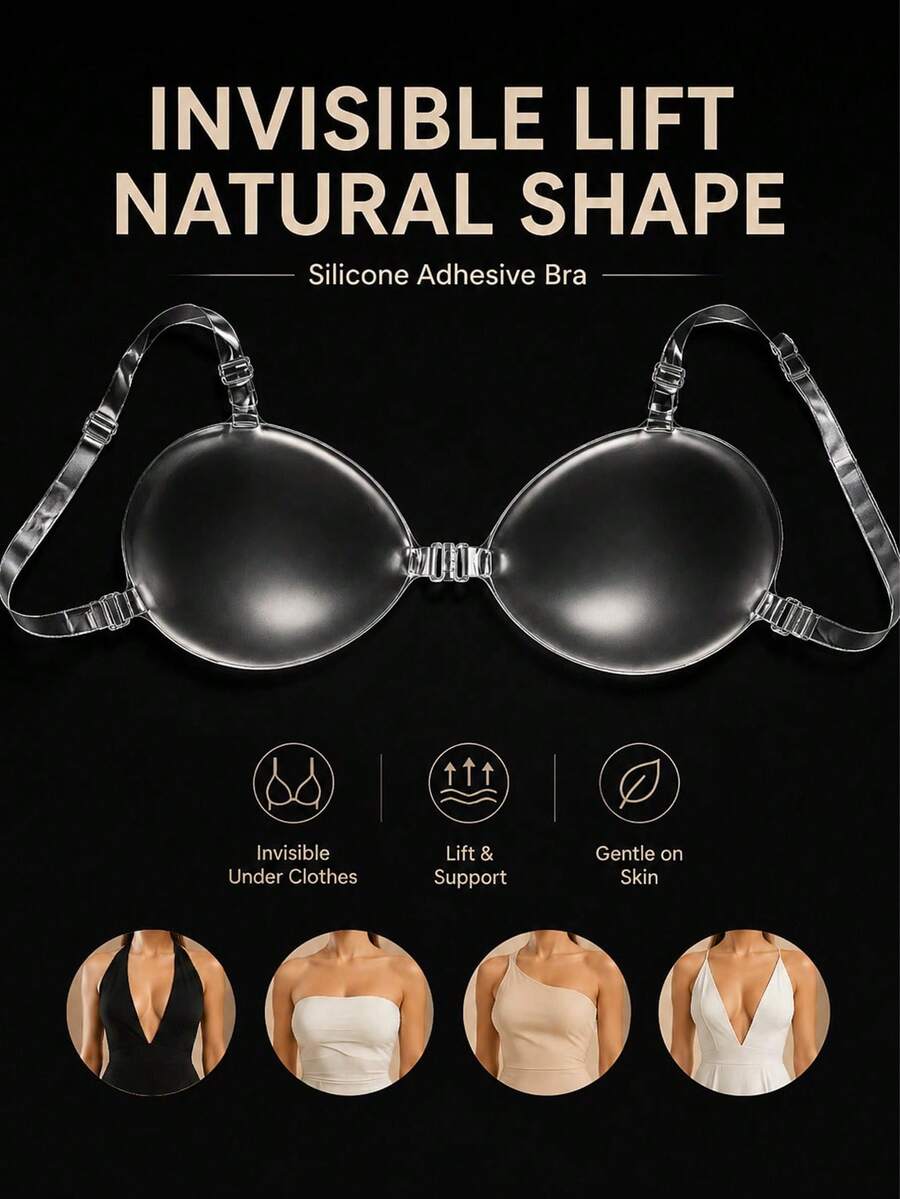1 Stück neue Damen Silikon Klebe-BH-Pads mit transparenten Schulterträgern, unsichtbar, nahtlos, weich und bequem, geeignet für Kleider, Abendkleider usw. - Verschiedenfarbig - Übersicht 1