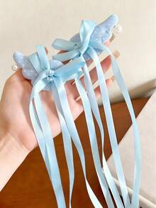 2pcs Cute Angel Wings Long Ribbon Hair Clips, Sweet Pearl Bow Hair Accessories For Girls, Decorative Side Hair Clips - Multicolor - View 2