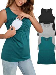 Sosolism 3 Paquetes Tirantes de Lactancia sin Mangas Camisetas para Embarazo Blusas Amamantar - Negro /Negro / Negro (3 PAQUETES) - Ver 1