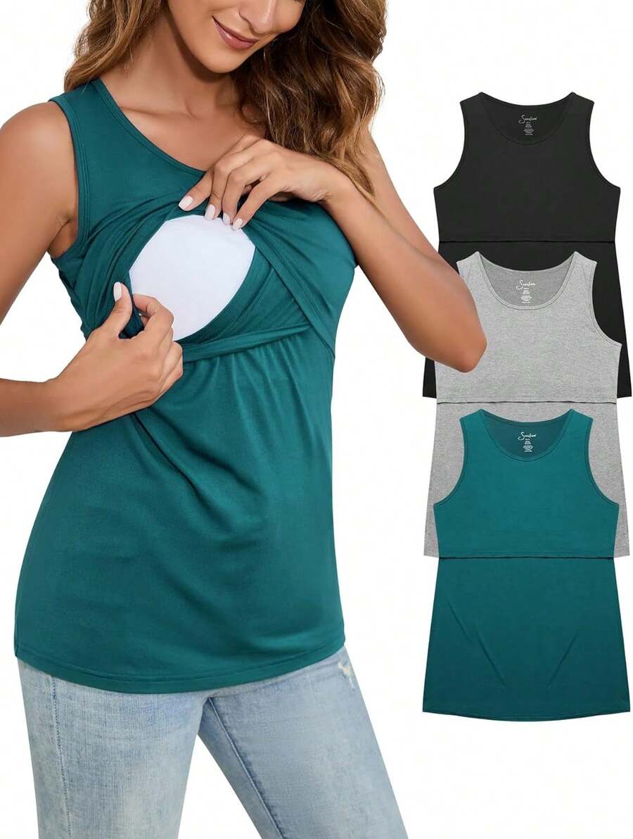 Sosolism 3 Paquetes Tirantes de Lactancia sin Mangas Camisetas para Embarazo Blusas Amamantar - Negro /Negro / Negro (3 PAQUETES) - Ver 1