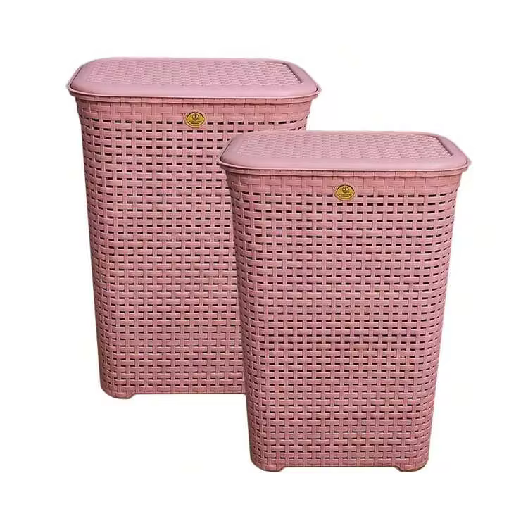 Combo Of 2 Rattan Baskets With Lids - La Ardilla Plastics - Basket, Laundry Hamper, Organizer, Polypropylene Material, Durable, Lightweight And Elegant - Ideal For Indoor And Outdoor Use, Bedroom, Laundry Area. - Pink - View 9