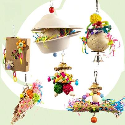 Multi-Specification Natural Mixed Material Parrot Chewing & Boredom Relief Hanging Toy, Tearable Shredder Paper Vine, Raw Wood, Raffia Grass, Bell Enrichment Hanging Ornament, Mori Style Playful Colorful Patchwork Scarecrow / Fruit Box / Woven Ball Shape, Hollow Filled With Shredded Paper For Beak Protection And Teeth Grinding, Suitable For Peony, Cockatiel, Tiger Parrots, Bird Cage Decoration Accessory, All Seasons