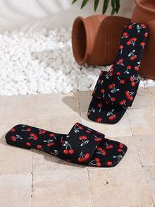 Sandalias planas de mujer con puntera cuadrada, cómodas y casuales, con estampado de cerezas, aptas para uso en exteriores, hogar y playa - Negro - Ver 4