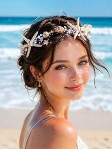 Bohemian Ocean Style Mermaid Headband, Realistic Starfish & Pearl Bridal Hair Hoop, Versatile Ocean-Themed Bridal Accessory For Wedding Dress Photoshoot - Multicolor - View 4
