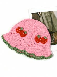 1pc Women's Cute Dopamine Style Crochet Hollow Out Bucket Hat, Fruit Pattern, Lace Design Colorblock Beach Vacation Hat - Crocheted Fisherman's Hat - View 8