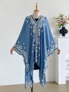 IROJEFF 1件優雅花卉圖案波希米亞風刺繡開襟披肩女款和服式圍裙，春夏外穿沙龍，海灘度假防曬UV防護刺繡開襟衫，時尚百搭奢華裝飾，適合日常穿著，送禮首選 - 藍色 - 查看 2