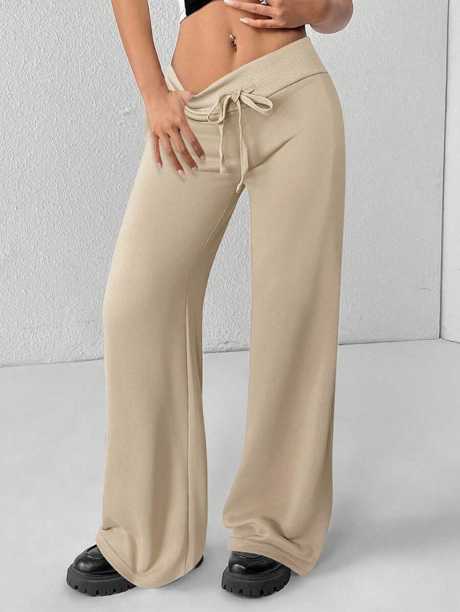PETITE Women's Smooth Fabric Sports Trousers, Comfortable And Casual, Low Waist And Wide Leg, Autumn Clothing For Women, Winter Clothing For Women - 卡其色 - 查看 1