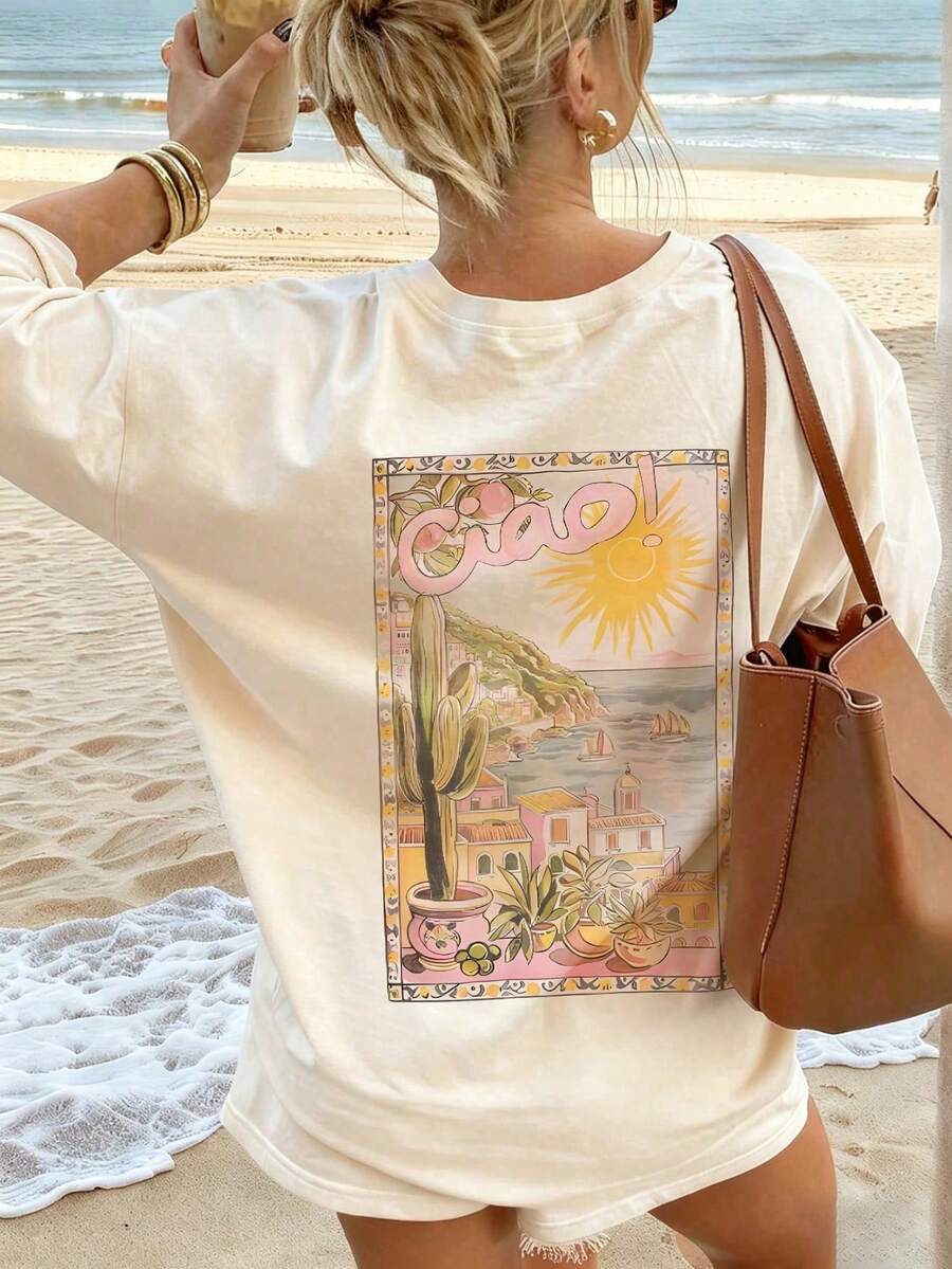 Nouveau t-shirt d'été pour femmes avec un imprimé de coucher de soleil simple et coloré et des lettres, col rond et manches courtes en rose.Moderne et - Nude - Voir 1