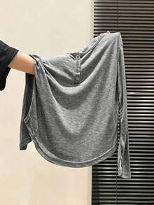 Comfortable Women's Long Sleeve Henley Shirt, Grey Polyester High Elasticity T-Shirt, Casual Regular Fit, Suitable For Daily Wear - Grey - View 5