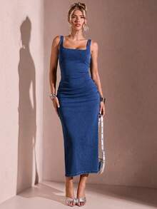 Vestido de mezclilla sin mangas de unicolor y estilo casual para uso diario de mujeres - Azul lavado medio - Ver 5