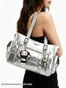 Sac à bandoulière de grande capacité à plusieurs poches de couleur unie, sac à main de design unique, décontracté et polyvalent, style punk rétro minimaliste, sac bandoulière quotidien, convient pour le travail, les trajets, les sorties quotidiennes, les rassemblements - Argent - Voir 2