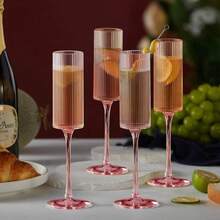 Plastic Champagne Flute, 5.5oz Ribbed Unbreakable Stemware, Reusable Champagne Toasting Cup - Modern Elegant Style, Suitable For Weddings, Parties, Anniversaries, Christmas And Birthday Celebrations, 5.5oz - Ribbed Design - Pink - View 1
