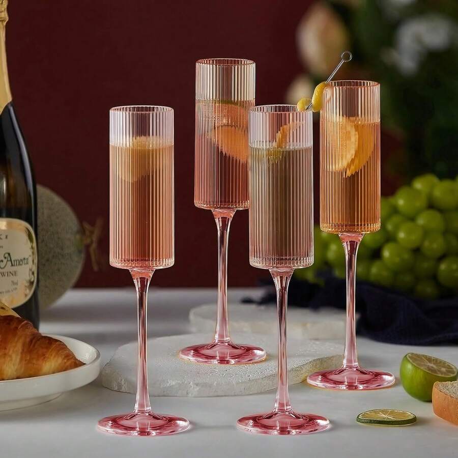 Plastic Champagne Flute, 5.5oz Ribbed Unbreakable Stemware, Reusable Champagne Toasting Cup - Modern Elegant Style, Suitable For Weddings, Parties, Anniversaries, Christmas And Birthday Celebrations, 5.5oz - Ribbed Design - Pink - View 1