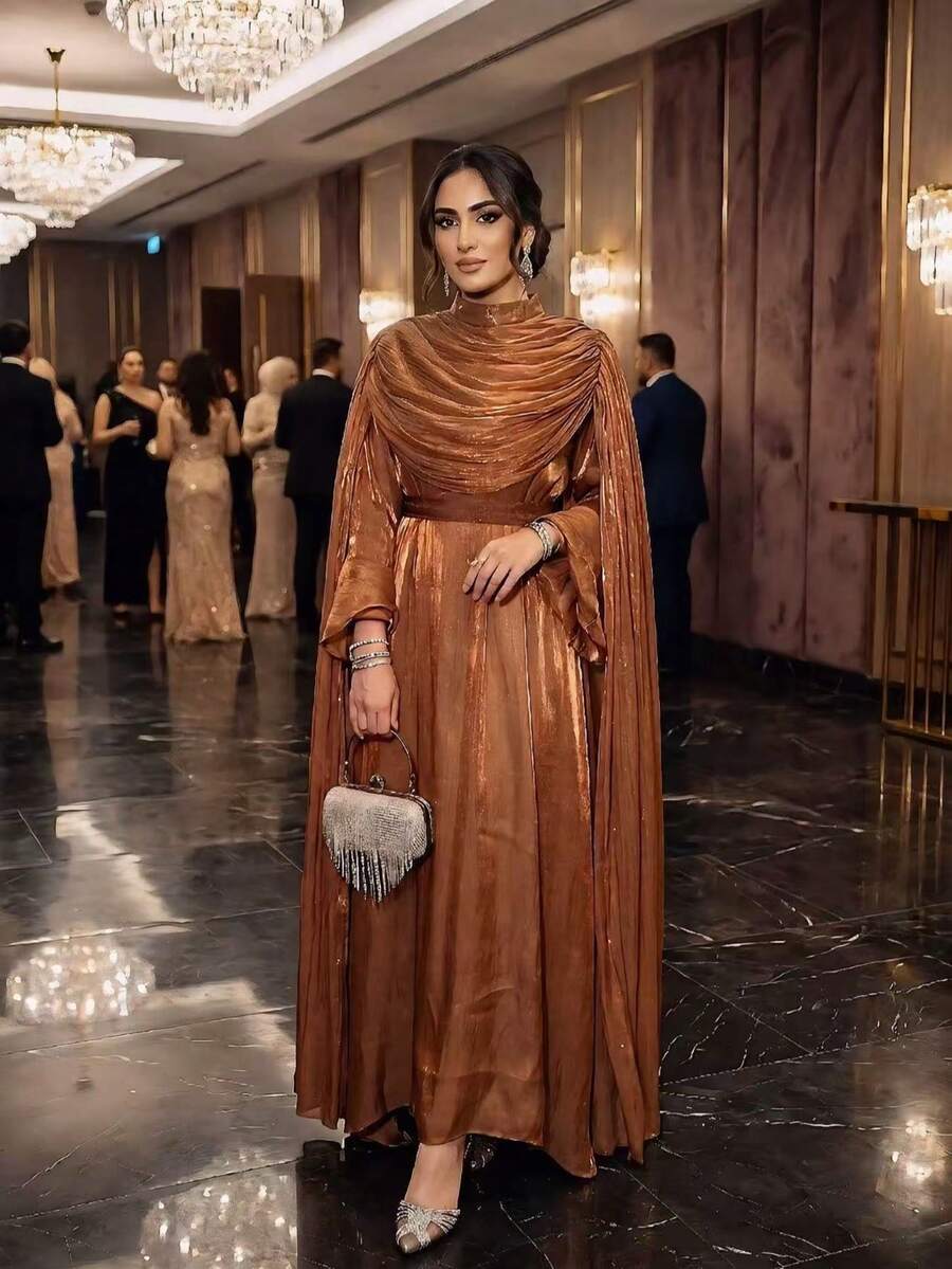 Shiny Elegant Pleated Cloak Robe, Fashion Reflective Fabric Evening Dress Fall