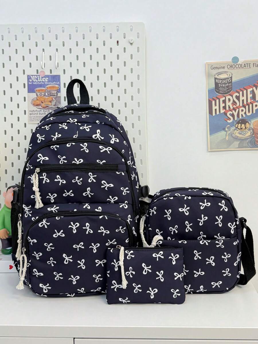 New Semester Student Backpack; Bow Print Backpack, Suitable For Primary And Secondary School Students - Navy Blue - View 1