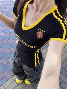 黑白条纹V领短袖露脐上衣，美式复古性感修身夏季女式休闲T恤 - 黑色 - 查看 2