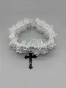 1pc Vintage Lace Cross Decor Choker Necklace Suitable For Women's Daily Wear - Cross - View 9