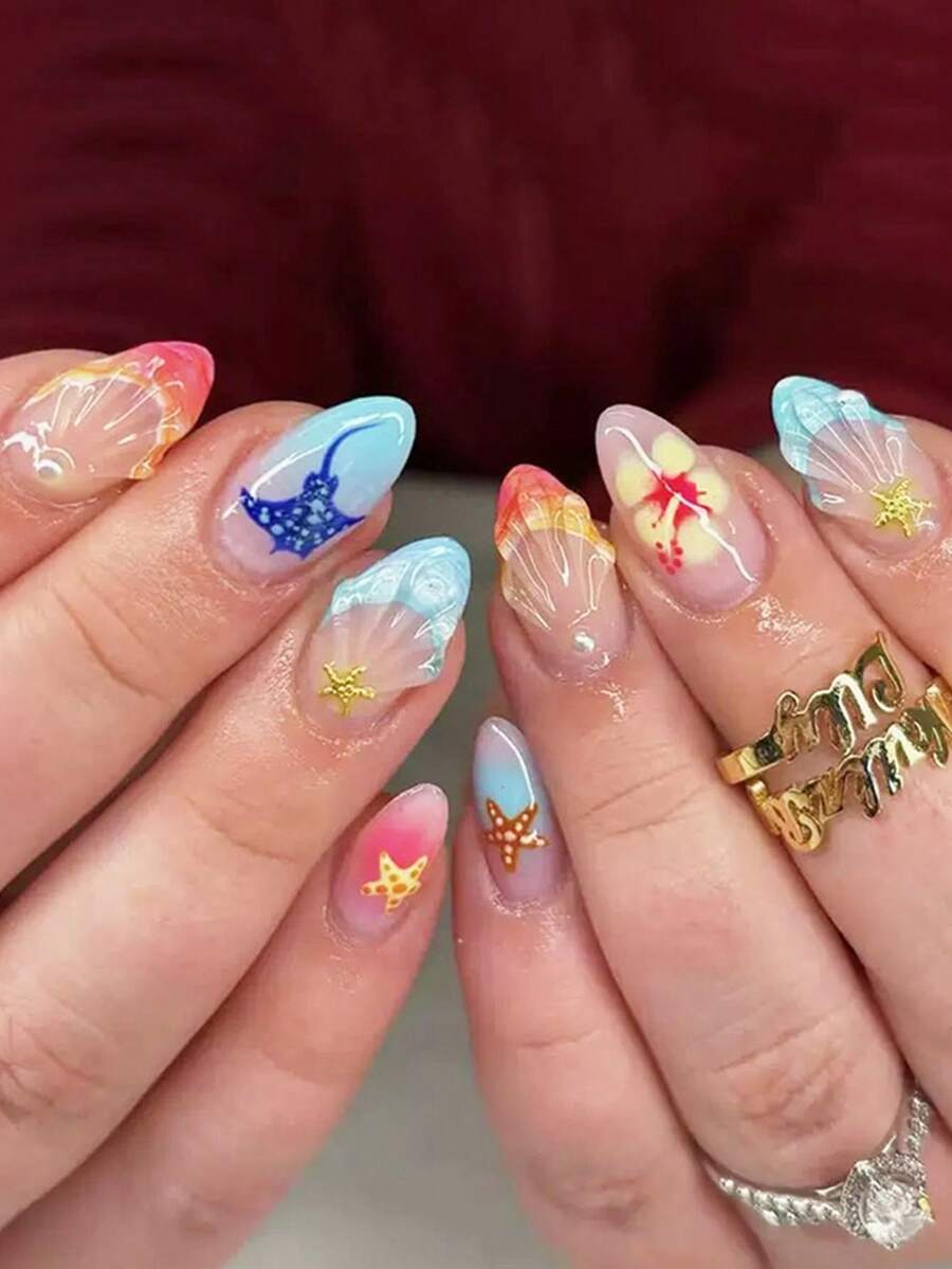30片/組夏季彩色海洋元素短杏仁形穿戴甲美甲用品,3D橘藍波浪法式可愛海星海豚珍珠裝飾設計,適合女孩女性日常佩戴,夏季海灘必備 - 彩色 - 查看 1