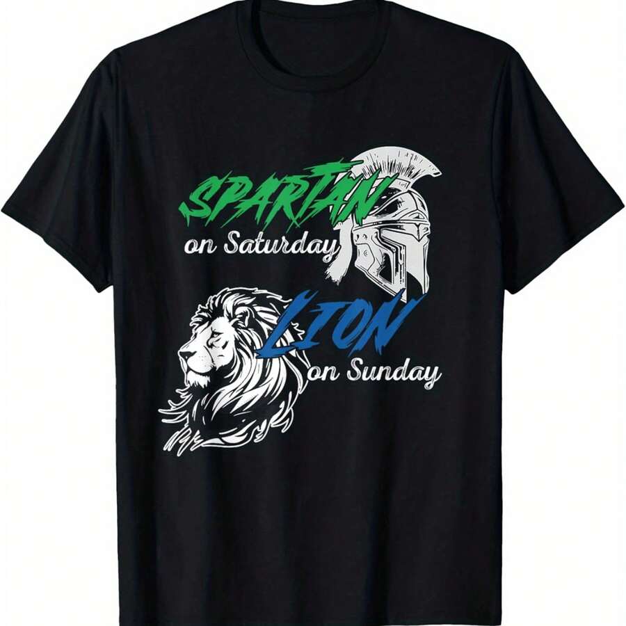 Cotton Crew Neck T-Shirt For Men - Spartan And Lion Graphic Short Sleeve, Knit Fabric, Regular Fit, Casual Style, All-Season Wear, Slight Stretch - Black - View 1