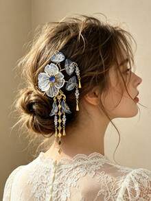 1pc Gradient Blue Glazed Floral Tassel U-Shaped Hair Pin, Crystal Bridal Hair Accessory, Suitable For Daily, Beach, Wedding And Party - Multicolor - View 2