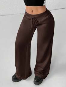 PETITE Women's Smooth Fabric Sports Trousers, Comfortable And Casual, Low Waist And Wide Leg, Autumn Clothing For Women, Winter Clothing For Women - 巧克力棕色 - 查看 1