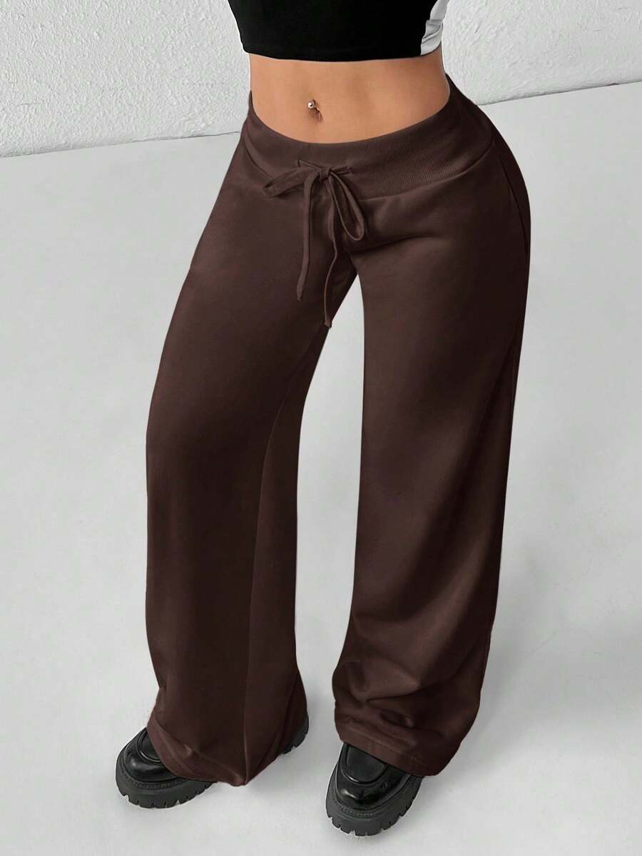 PETITE Women's Smooth Fabric Sports Trousers, Comfortable And Casual, Low Waist And Wide Leg, Autumn Clothing For Women, Winter Clothing For Women - 巧克力棕色 - 查看 1