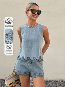 Conjunto de verano casual para mujer con top sin mangas de cuello redondo con bordado floral y dobladillo hueco, y shorts rectos - Azul - Ver 1