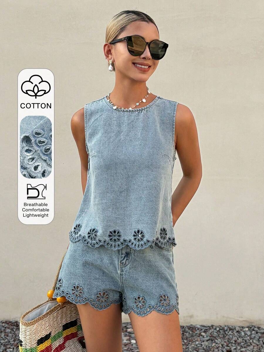 Conjunto de verano casual para mujer con top sin mangas de cuello redondo con bordado floral y dobladillo hueco, y shorts rectos - Azul - Ver 1
