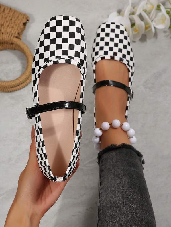 Women's Black & White Checkerboard Square Toe Mary Jane Shoes, Shiny Leather Single Strap Retro Low Vamp Flats, Vintage Preppy Style