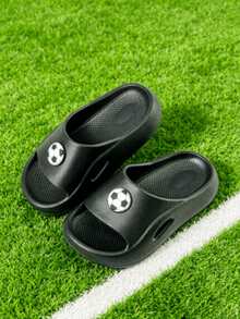 HAHABOBO New Black Boys' Football Print Slip-On Slides, Indoor/Outdoor Use, Suitable For Home/Bathroom/Walking, All-Season - Black - View 1
