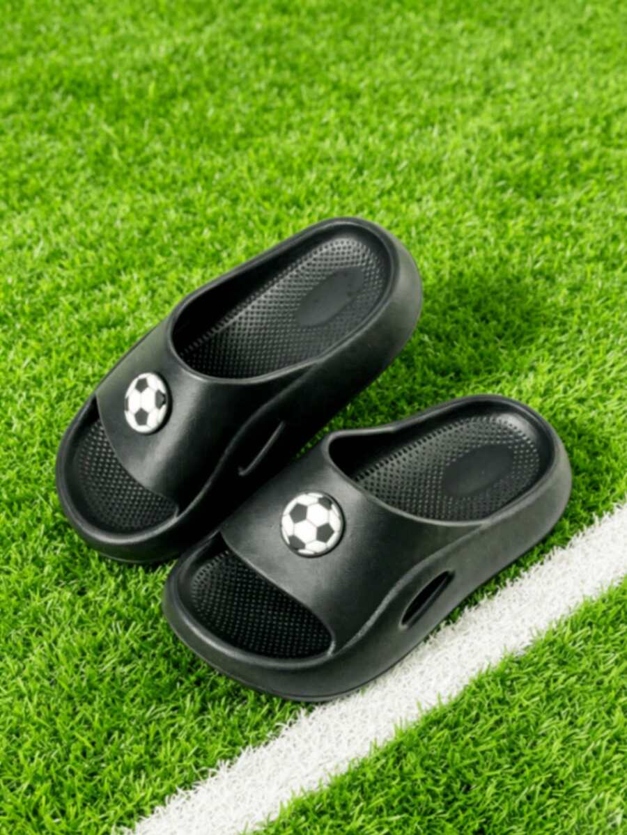 HAHABOBO New Black Boys' Football Print Slip-On Slides, Indoor/Outdoor Use, Suitable For Home/Bathroom/Walking, All-Season - Black - View 1