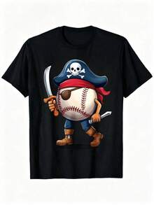 Infantil Playera Estampado Pirata Aventurero Manga Corta Cuello Redondo Moda para Niños Estilo Aventura y Diversión Regalo - Negro - Ver 1