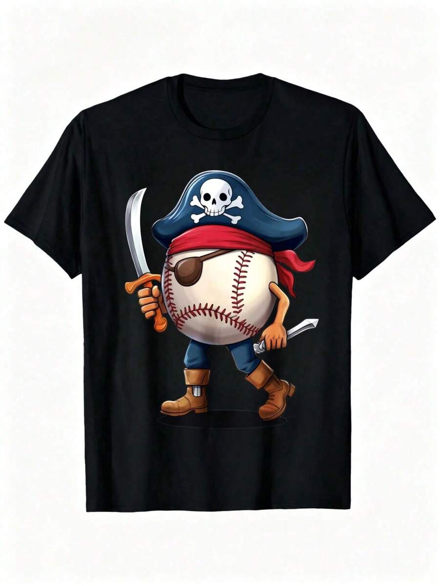 Infantil Playera Estampado Pirata Aventurero Manga Corta Cuello Redondo Moda para Niños Estilo Aventura y Diversión Regalo - Negro - Ver 1