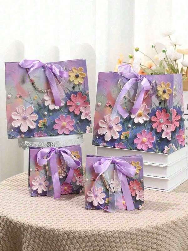 1/5 Pcs Of 2D Oil Painting Pattern Gift Bag With Ribbon, Portable Paper Gift Bag, Handbag, Purple Petal Cream, Used For Wedding Gifts, Birthday Decorations, Birthday Gift Bag, Wedding Party Gift , Bachelor Party, Wedding Guest Gift, Valentine's Day