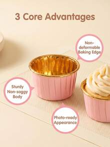 100/50/10 piezas Tazas de postre para pastel doradas con rosa, superficie lisa resistente al calor con diseño de borde enrollado, tazas para muffins/pasteles, adecuadas para bodas, graduaciones, fiestas de cumpleaños, herramientas de horneado/utensilios de cocina, moldes de papel rosa para pasteles - Rosa - Ver 2