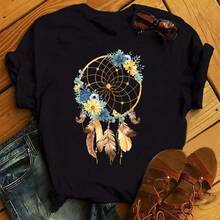 Modisches Feder-Traumfänger T-Shirt für Damen, Harajuku Grafik-T-Shirt, Damen Traumfänger T-Shirt, Kleidung Oberteile - Schwarz - Übersicht 4