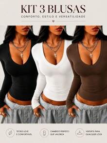 Women's Slim Fit V-Neck Blouse, Second Skin Shapewear, Versatile Elegant Casual Fashion - 黑白咖啡 - 查看 1