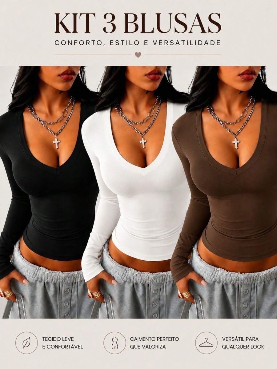 Women's Slim Fit V-Neck Blouse, Second Skin Shapewear, Versatile Elegant Casual Fashion - 黑白咖啡 - 查看 1