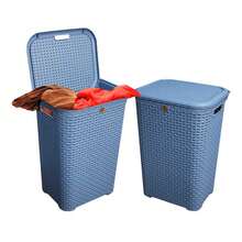 Combo Of 2 Rattan Baskets With Lids - La Ardilla Plastics - Basket, Laundry Hamper, Organizer, Polypropylene Material, Durable, Lightweight And Elegant - Ideal For Indoor And Outdoor Use, Bedroom, Laundry Area. - 藍色 - 查看 4