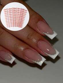 Long Rectangular White French Glitter Design Nail Art Set, Perfect Fit For Fake Nails, Suitable For Women's Party, Ball And Daily Casual Wear - 白色 - 查看 2