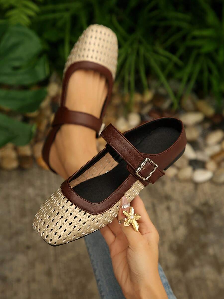 Women's Vintage Woven Mary Jane Closed-Toe Half-Slingback Brown & White Contrast Hollow Out Slip-On Sandals, Breathable Comfortable Flat Square Toe Backless Slides - Multicolor - View 1